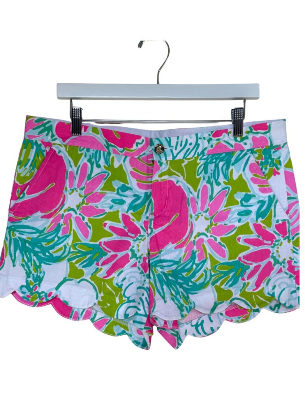 Lilly Pulitzer Buttercup Shorts Size 12 Pink Green Tropical Scallop Hem Preppy